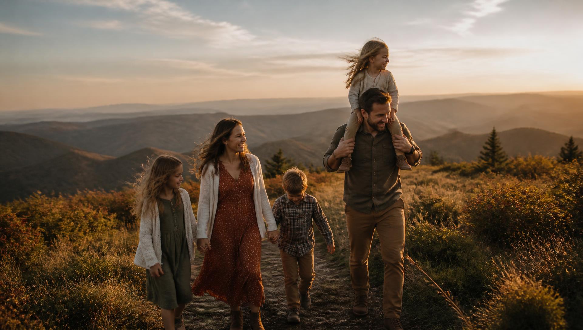 A family of five walking a grassy Blue Ridge mountain ridge trail at golden hour, father carrying his youngest daughter on his shoulders